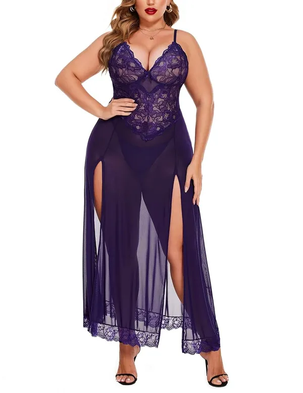 Navy_Blue_Long_Gown_Babydoll_Lingerie_Set_For_Women