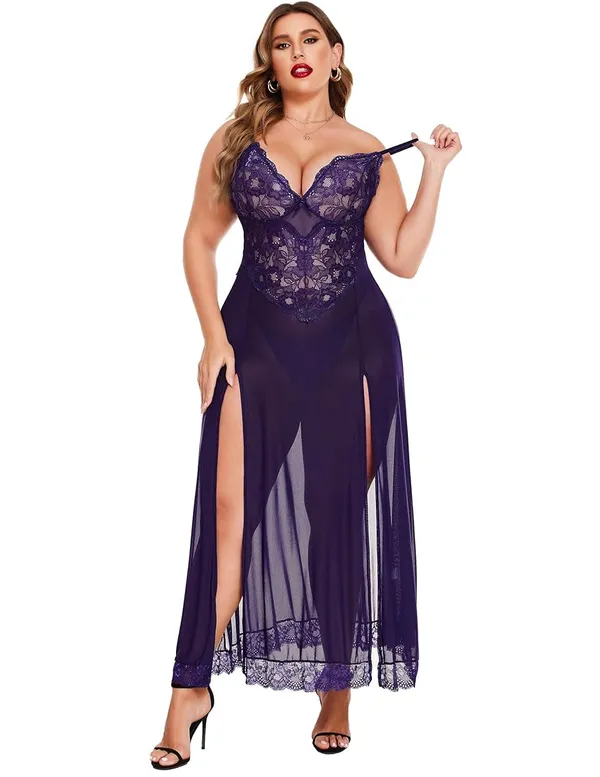 Navy_Blue_Long_Gown_Babydoll_Lingerie_Set_For_Women