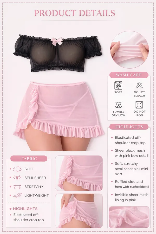 Black_Mesh_Off-Shoulder_Top_&_Baby_Pink_skirt_Lingerie_Set
