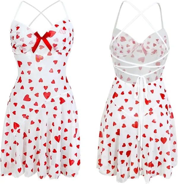 White_Heart_Print_Flare_Mini_Dress