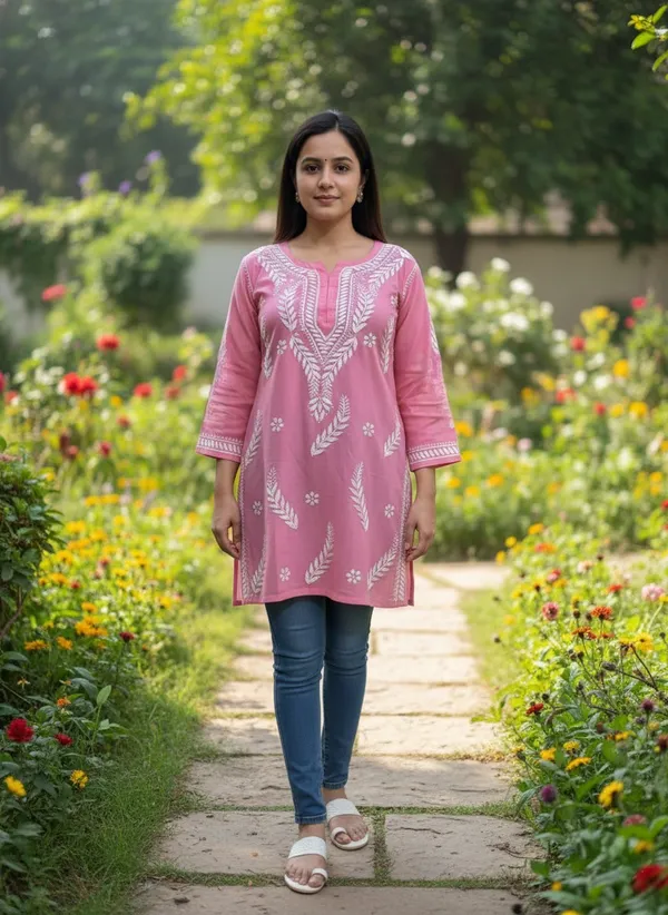 Pink_Rayon_Short_Chikankari_Kurta_For_Women