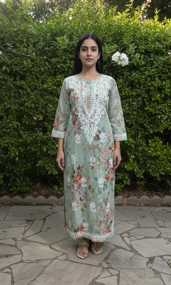 Green_Mul_Cotton_Chikankari_Long_Kurta_For_Women