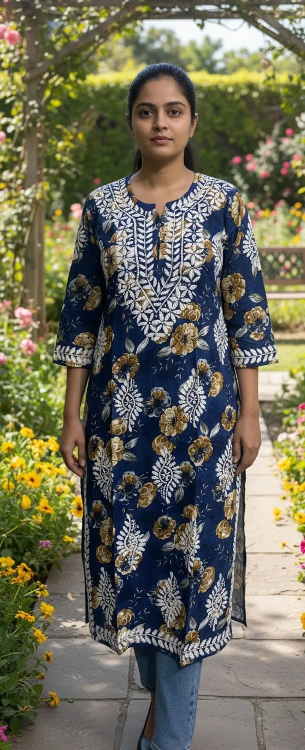 Navy_Blue_Rayon_Printed_Long_Chikankari_Kurta_For_Women