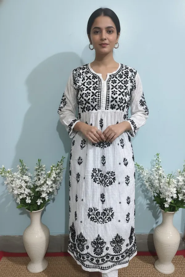 White_Dobby_Cotton_Long_Kurta_With_Black_Embroidery