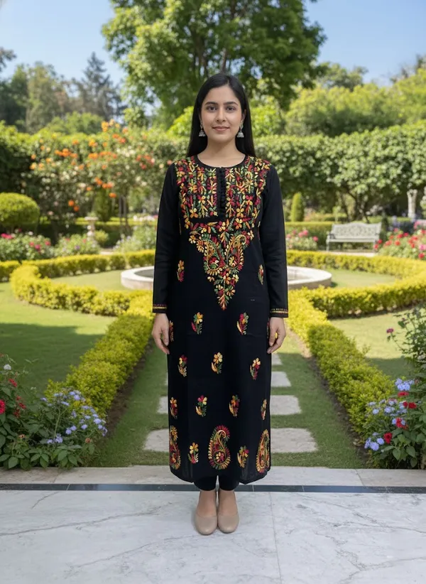 Black_Cotton_Chikankari_Long_Embroidered_Kurti_For_Women