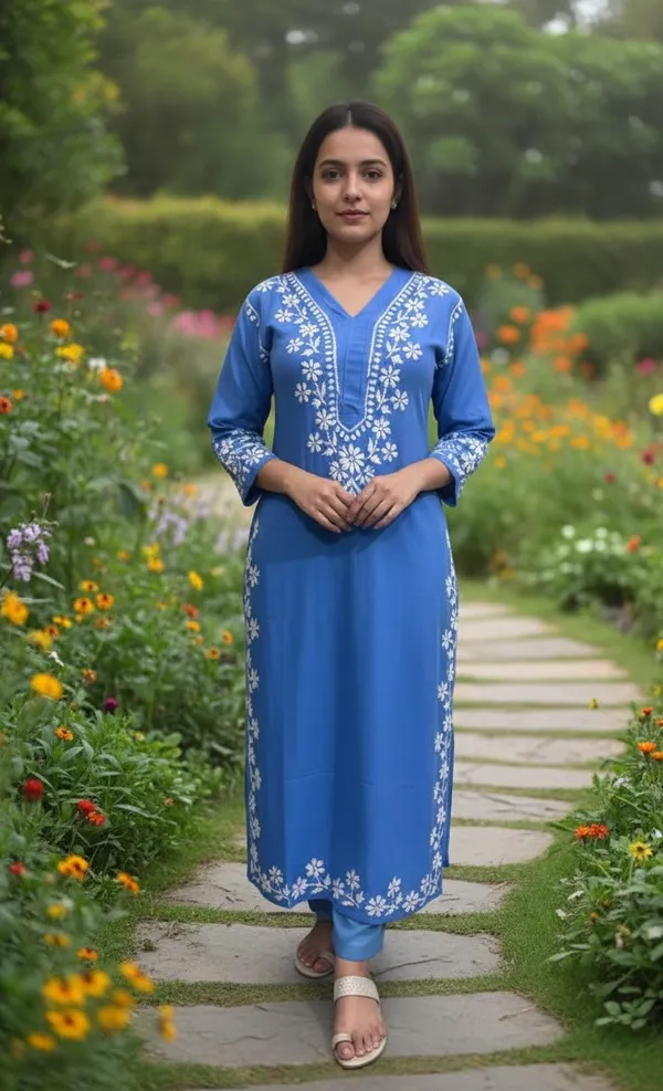 Blue_Rayon_Long_Chikankari_Kurta_For_Women