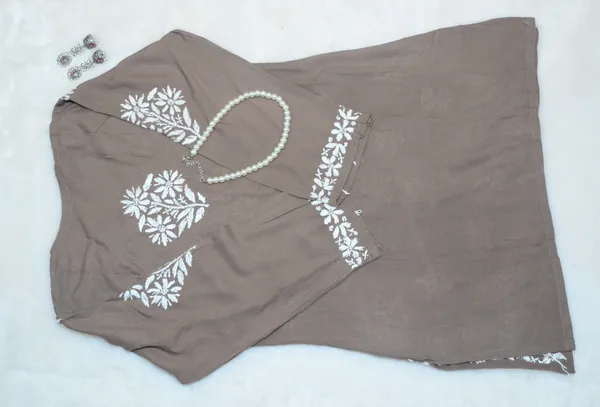 Brown_Rayon_Brown_Short_Chikankari_Kurta_For_Women