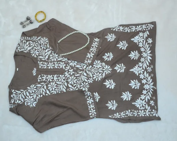 Brown_Rayon_Brown_Short_Chikankari_Kurta_For_Women