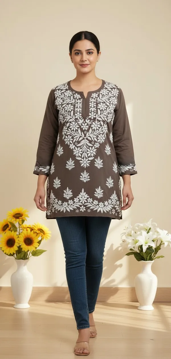 Brown_Rayon_Brown_Short_Chikankari_Kurta_For_Women