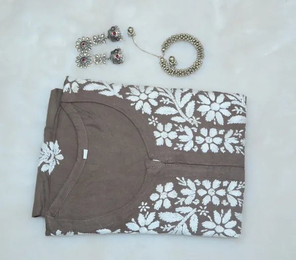 Brown_Rayon_Brown_Short_Chikankari_Kurta_For_Women