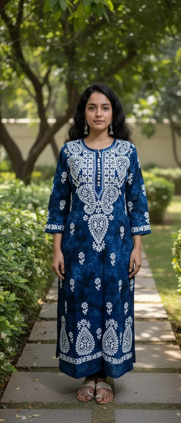 Blue_Denim_Cotton_Chikankari_Long_Kurta_For_Women