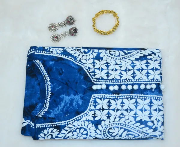 Blue_Denim_Cotton_Chikankari_Long_Kurta_For_Women