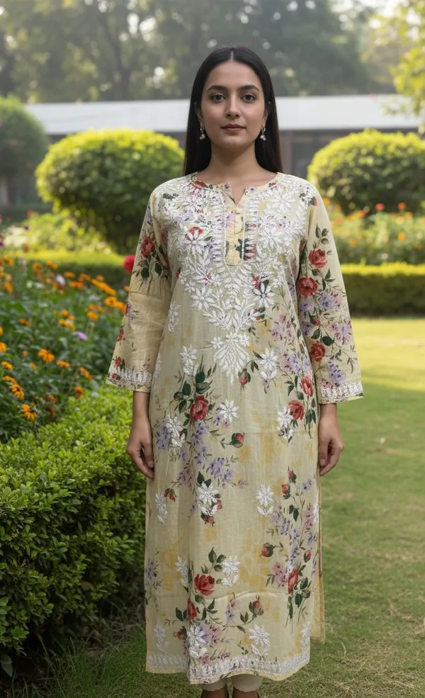 Yellow_Mul_Cotton_Chikankari_Long_Kurta_For_Women