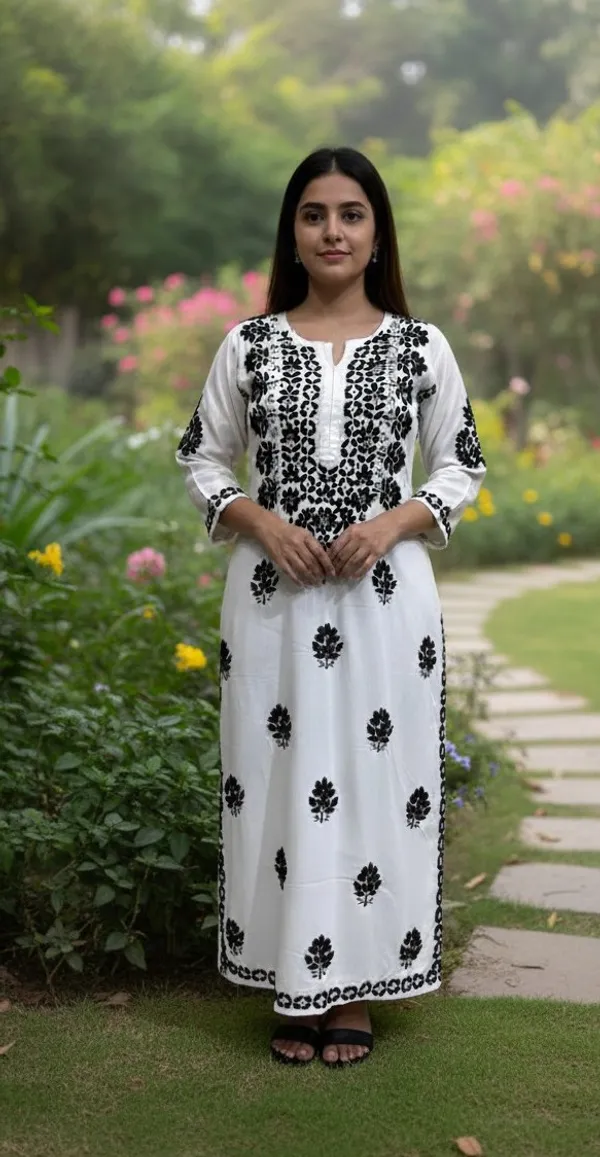 White_Rayon_Long_Chikankari_Kurta_Black_Embroidery