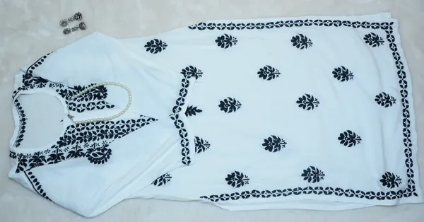 White_Rayon_Long_Chikankari_Kurta_Black_Embroidery