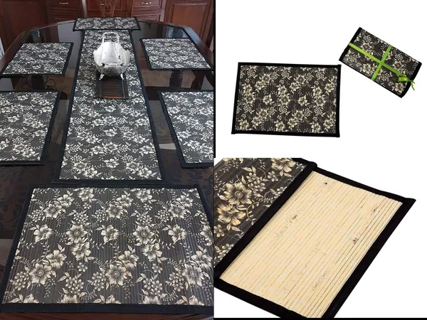 Bamboo_Placemats_&_Table_Runner_Set_Black_Floral_Print_Black-_Pack_of_7