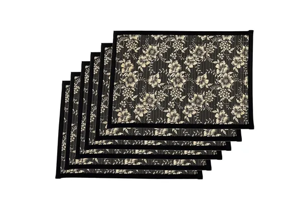 Bamboo_Placemats_&_Table_Runner_Set_Black_Floral_Print_Black-_Pack_of_7