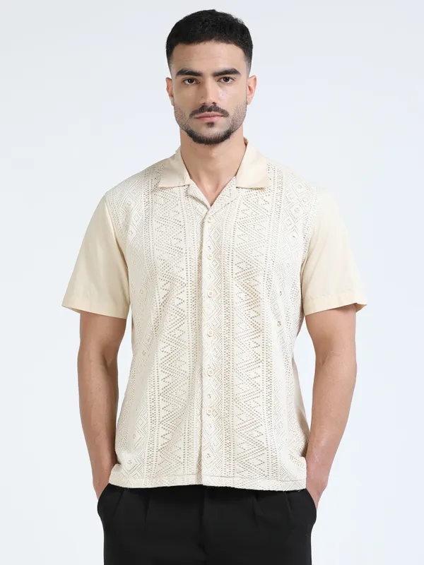 Cream_Cotton_Cuban_Collar_Crochet_Panel_Shirt_For_Men