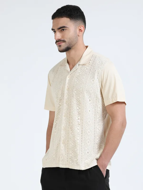 Cream_Cotton_Cuban_Collar_Crochet_Panel_Shirt_For_Men