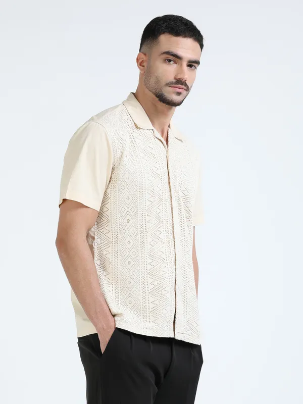 Cream_Cotton_Cuban_Collar_Crochet_Panel_Shirt_For_Men
