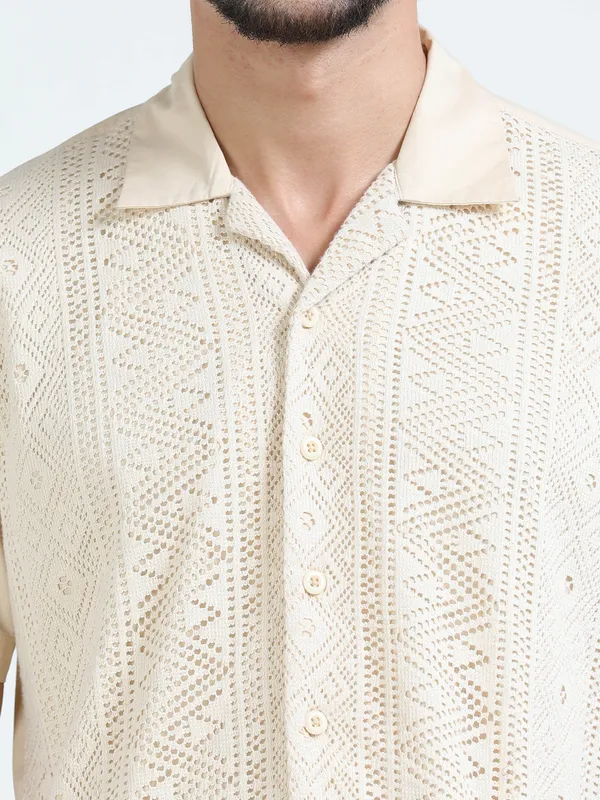 Cream_Cotton_Cuban_Collar_Crochet_Panel_Shirt_For_Men
