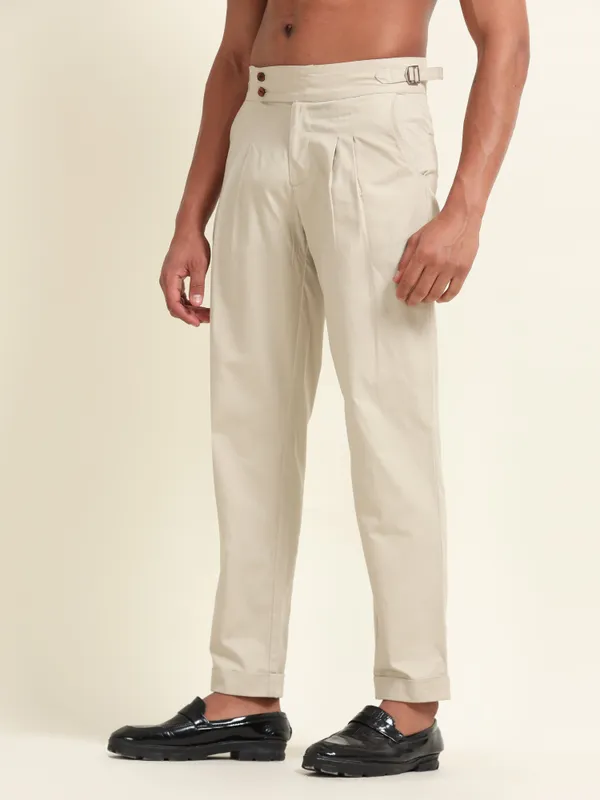 Cream_Cotton_Double_Pleat_Straight_Fit_Pants_For_Men