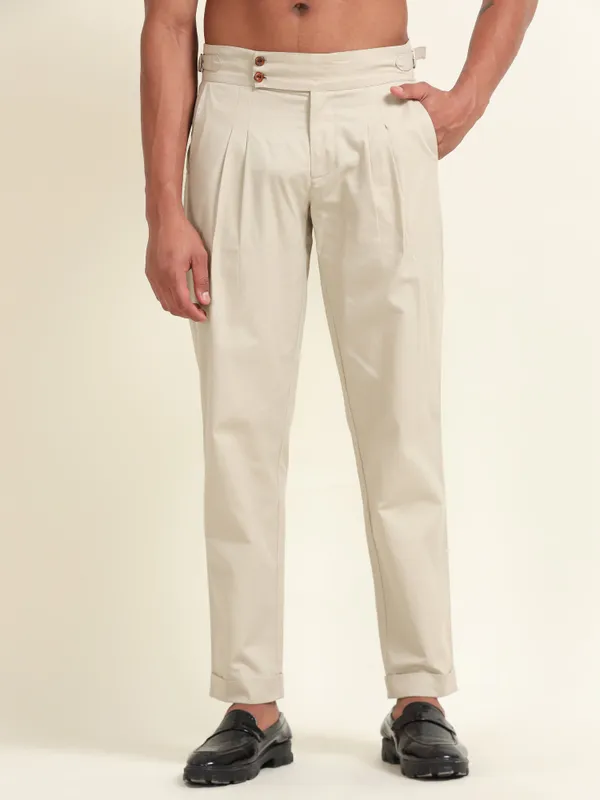 Cream_Cotton_Double_Pleat_Straight_Fit_Pants_For_Men