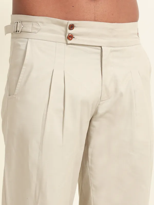 Cream_Cotton_Double_Pleat_Straight_Fit_Pants_For_Men