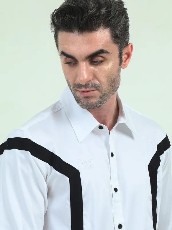 White_Fleece_Regular_Fit_Double_Stripe_Formal_Shirt_For_Men