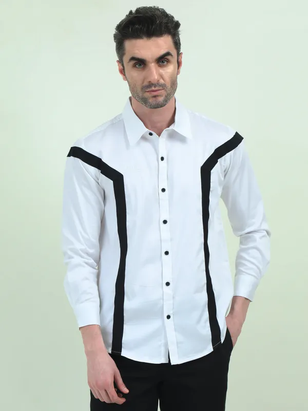 White_Fleece_Regular_Fit_Double_Stripe_Formal_Shirt_For_Men