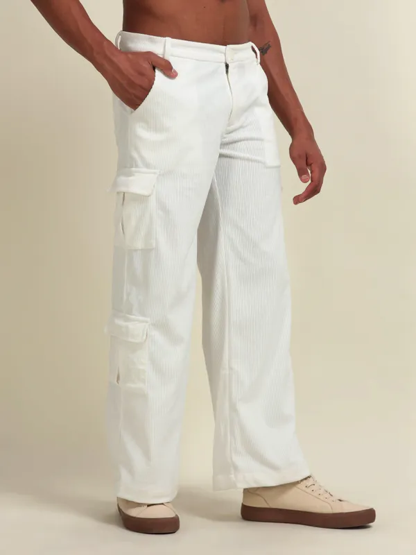 White_Polyester_Loose_Fit_Cargo_Pants_For_Men