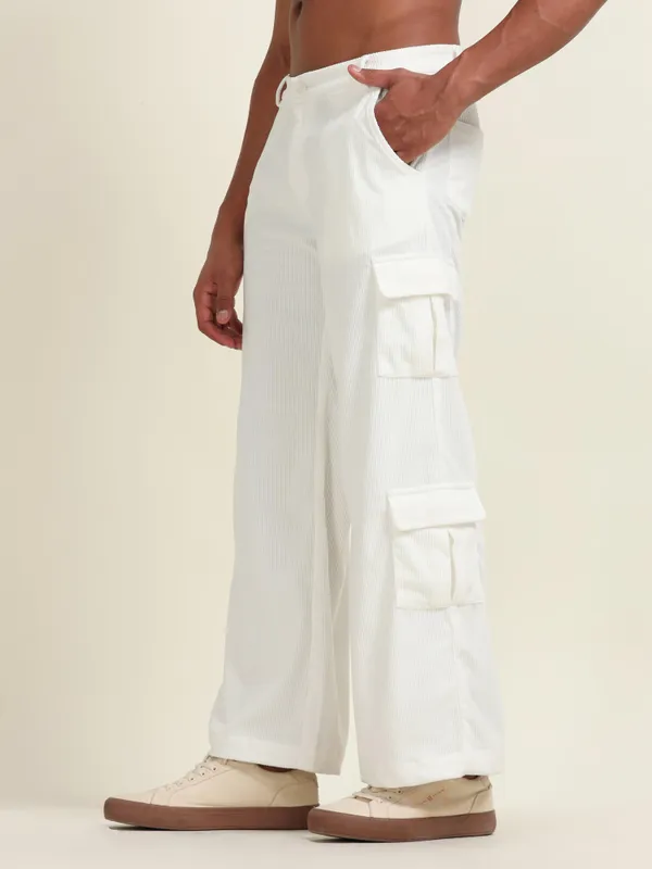 White_Polyester_Loose_Fit_Cargo_Pants_For_Men