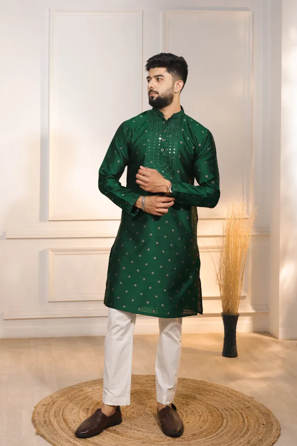 Dark_Green_Silk_Jacquard_Embroidered_Neck_with_Mirror_Work_Ethnic_Set