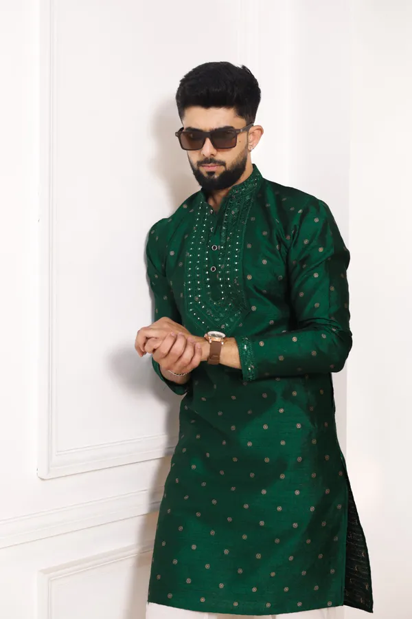 Dark_Green_Silk_Jacquard_Embroidered_Neck_with_Mirror_Work_Ethnic_Set