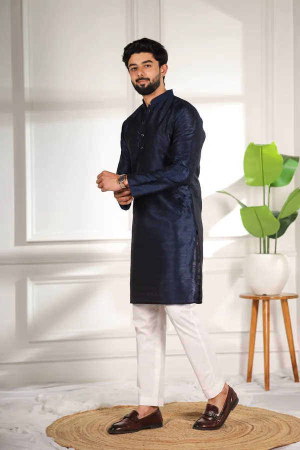 Navy_Silk_Jacquard_Woven_Texture_Kurta