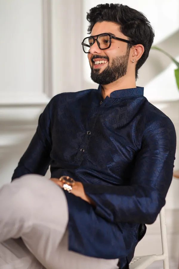 Navy_Silk_Jacquard_Woven_Texture_Kurta