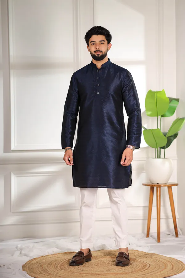 Navy_Silk_Jacquard_Woven_Texture_Kurta