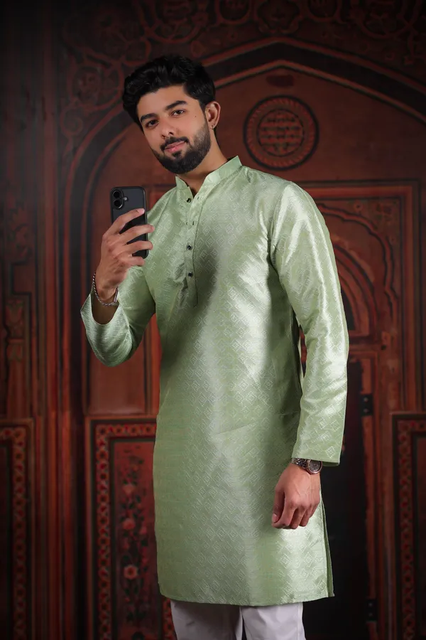 Light_Green_Silk_Jacquard_Woven_Texture_Kurta
