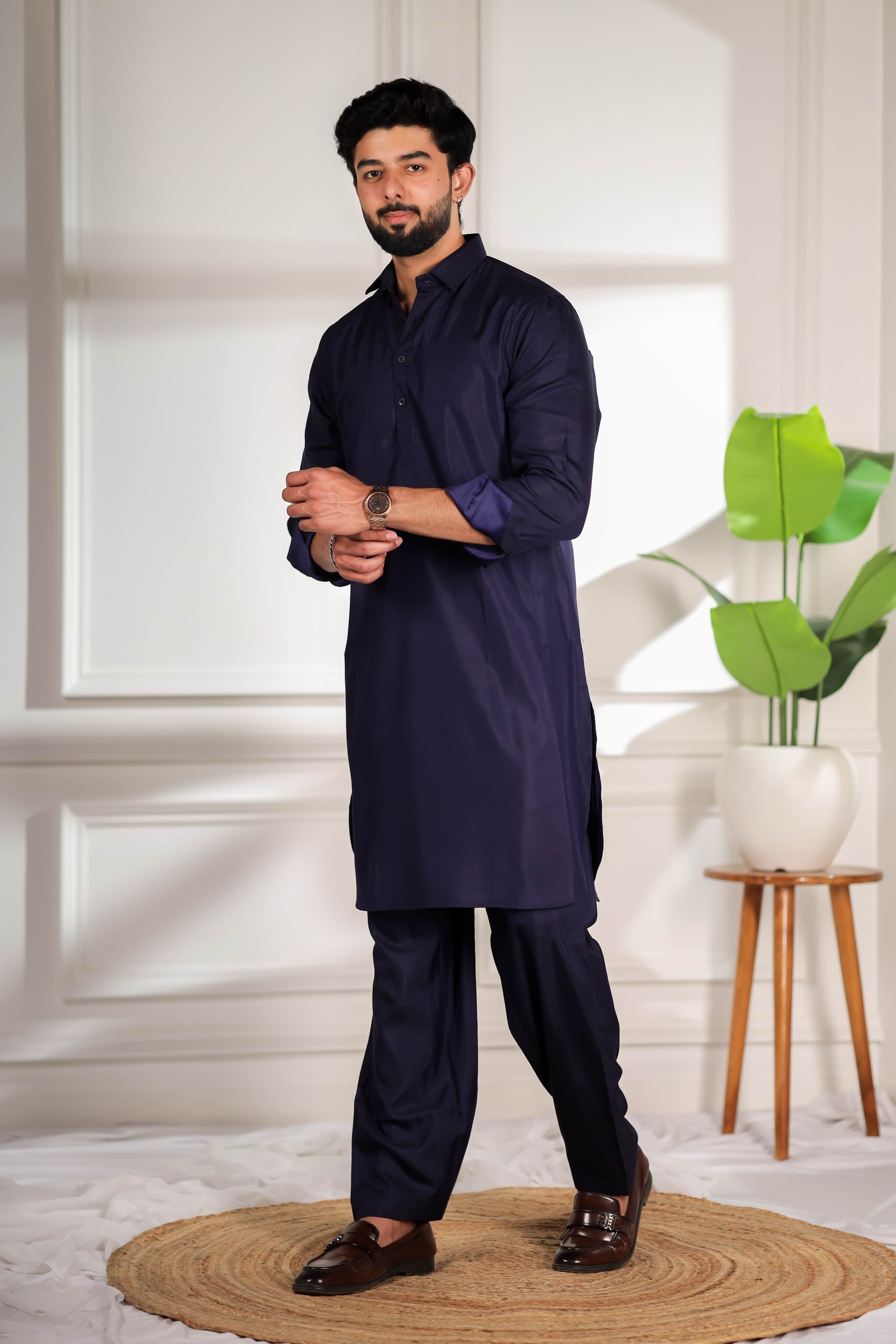 Navy_Cotton_Satin_Pathani_Set