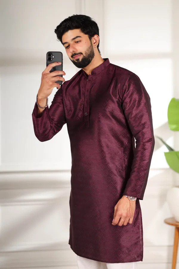 Wine_Silk_Jacquard_Woven_Texture_Kurta