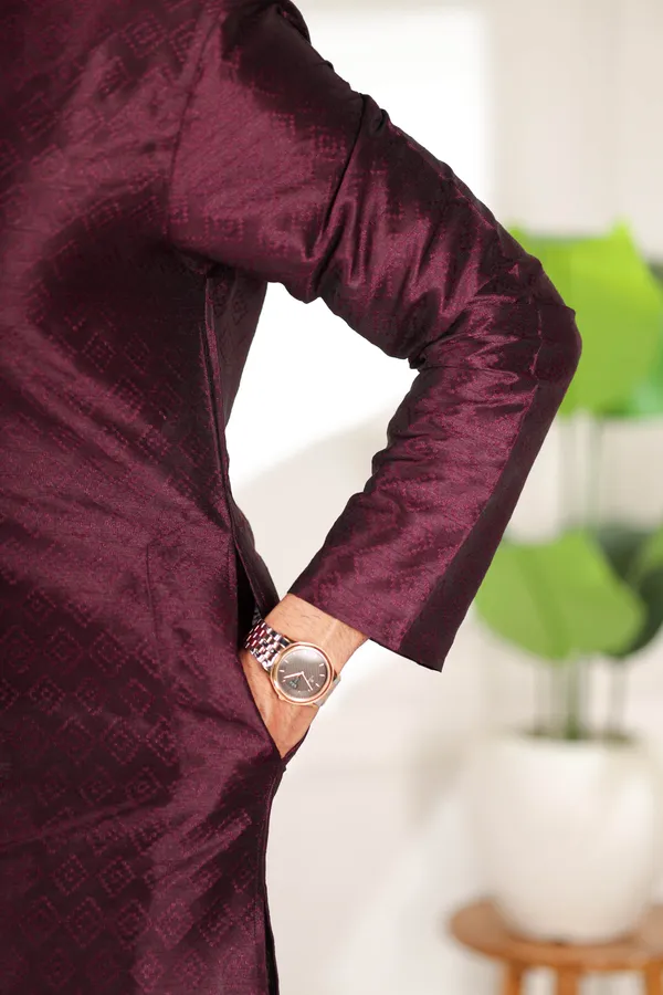Wine_Silk_Jacquard_Woven_Texture_Kurta