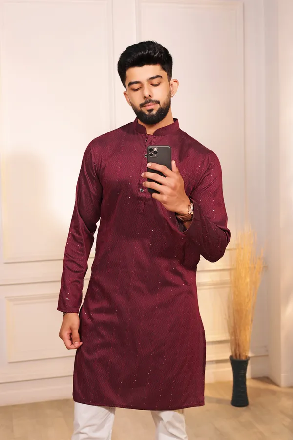 Maroon_Cotton_Silk_Dobby_Texture_with_Sequins_Kurta