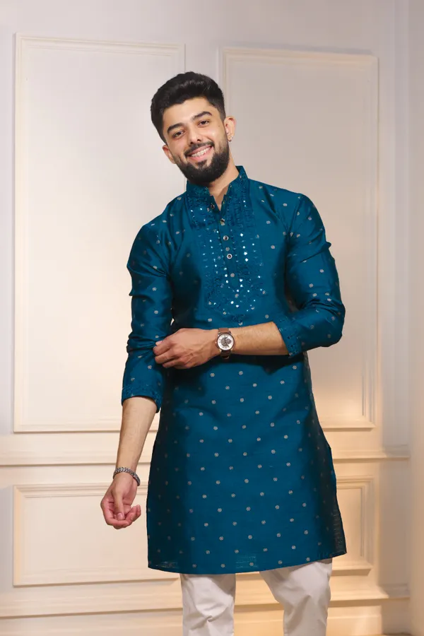 Teal_Silk_Jacquard_Embroidered_Neck_with_Mirror_Work_Ethnic_Set