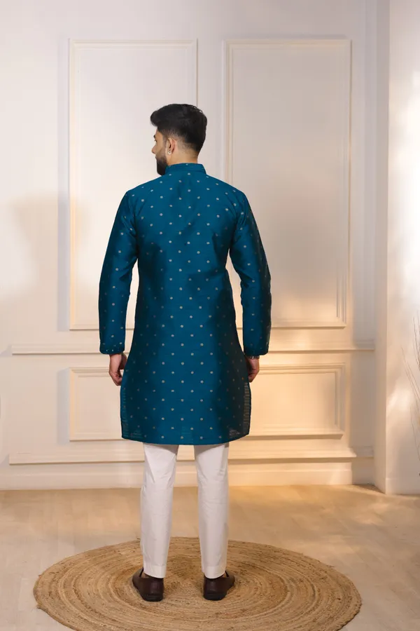Teal_Silk_Jacquard_Embroidered_Neck_with_Mirror_Work_Ethnic_Set