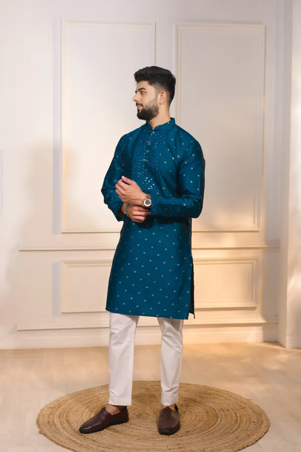Teal_Silk_Jacquard_Embroidered_Neck_with_Mirror_Work_Ethnic_Set