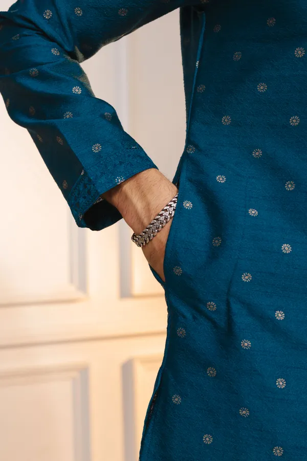 Teal_Silk_Jacquard_Embroidered_Neck_with_Mirror_Work_Ethnic_Set