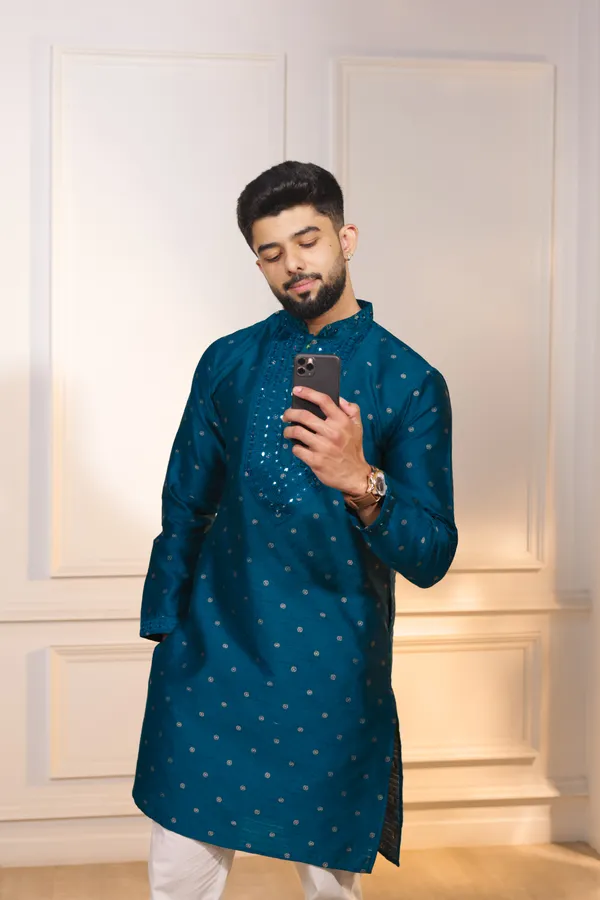 Teal_Silk_Jacquard_Embroidered_Neck_with_Mirror_Work_Ethnic_Set