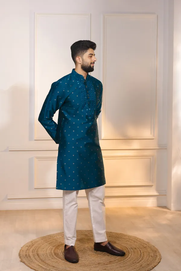 Teal_Silk_Jacquard_Embroidered_Neck_with_Mirror_Work_Ethnic_Set