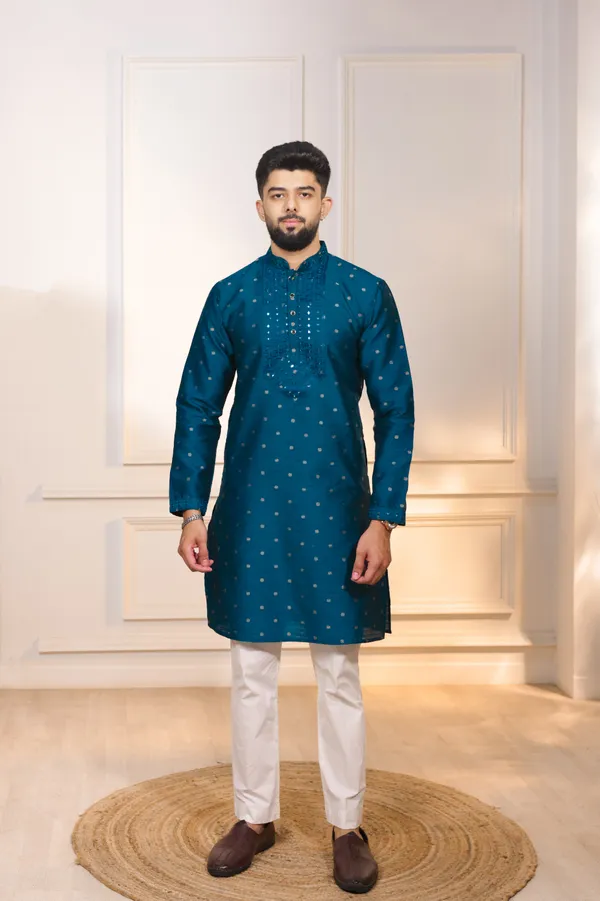 Teal_Silk_Jacquard_Embroidered_Neck_with_Mirror_Work_Ethnic_Set