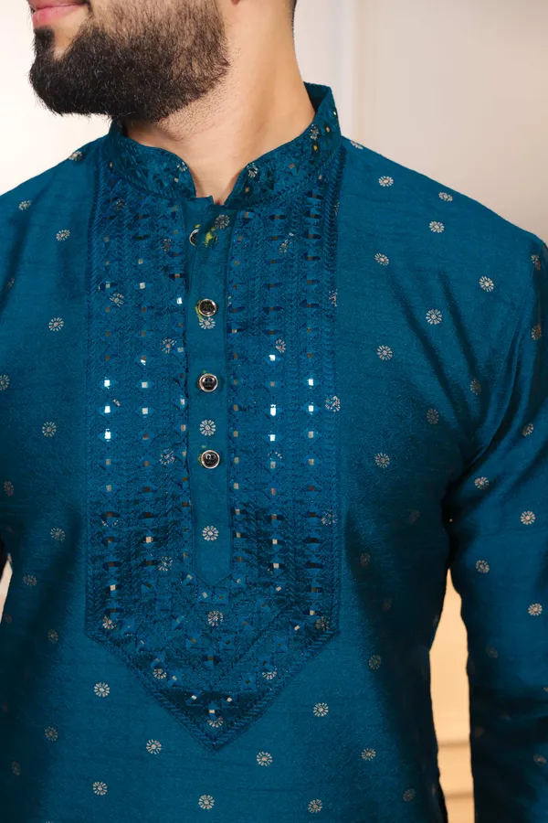 Teal_Silk_Jacquard_Embroidered_Neck_with_Mirror_Work_Kurta